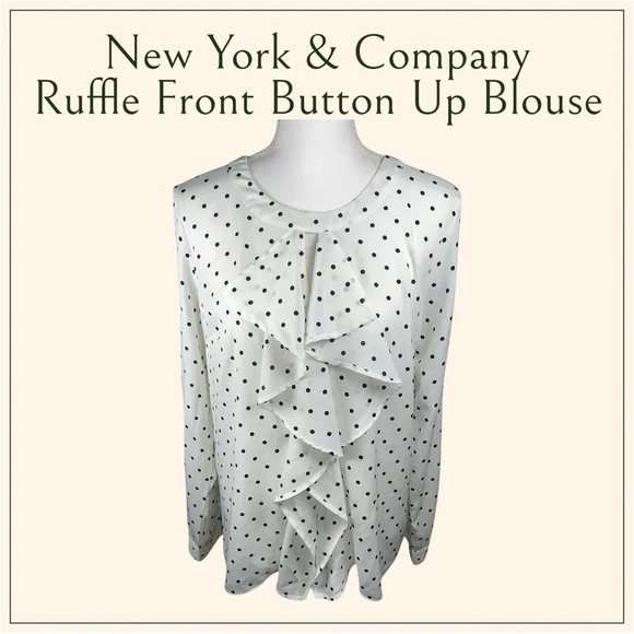 New York & Company | Ruffle Front Polka Dot Button Up Blouse - Picture 1 of 7